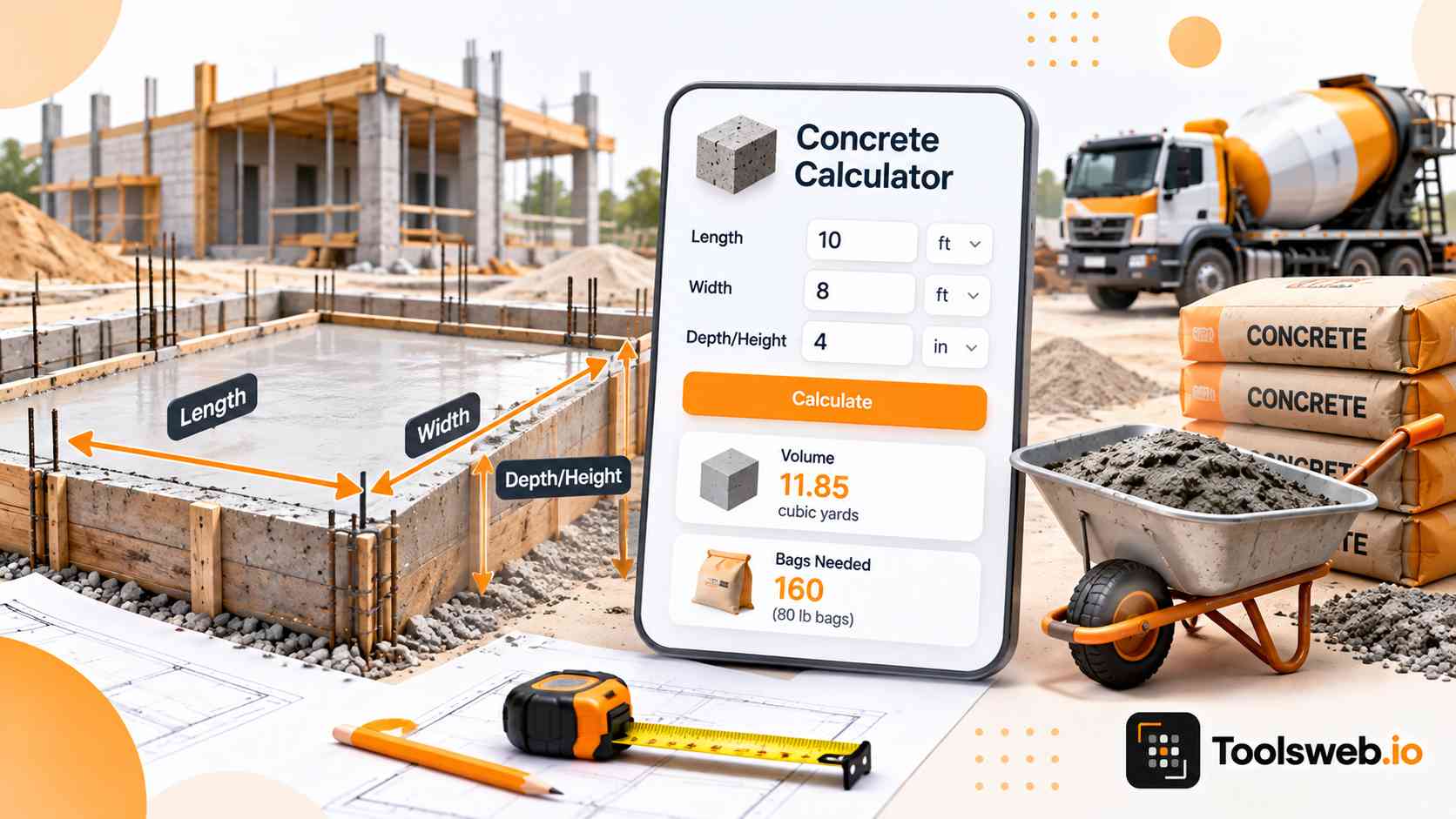 Concrete calculator showing length, width, depth, concrete volume, and bags needed for construction projects.