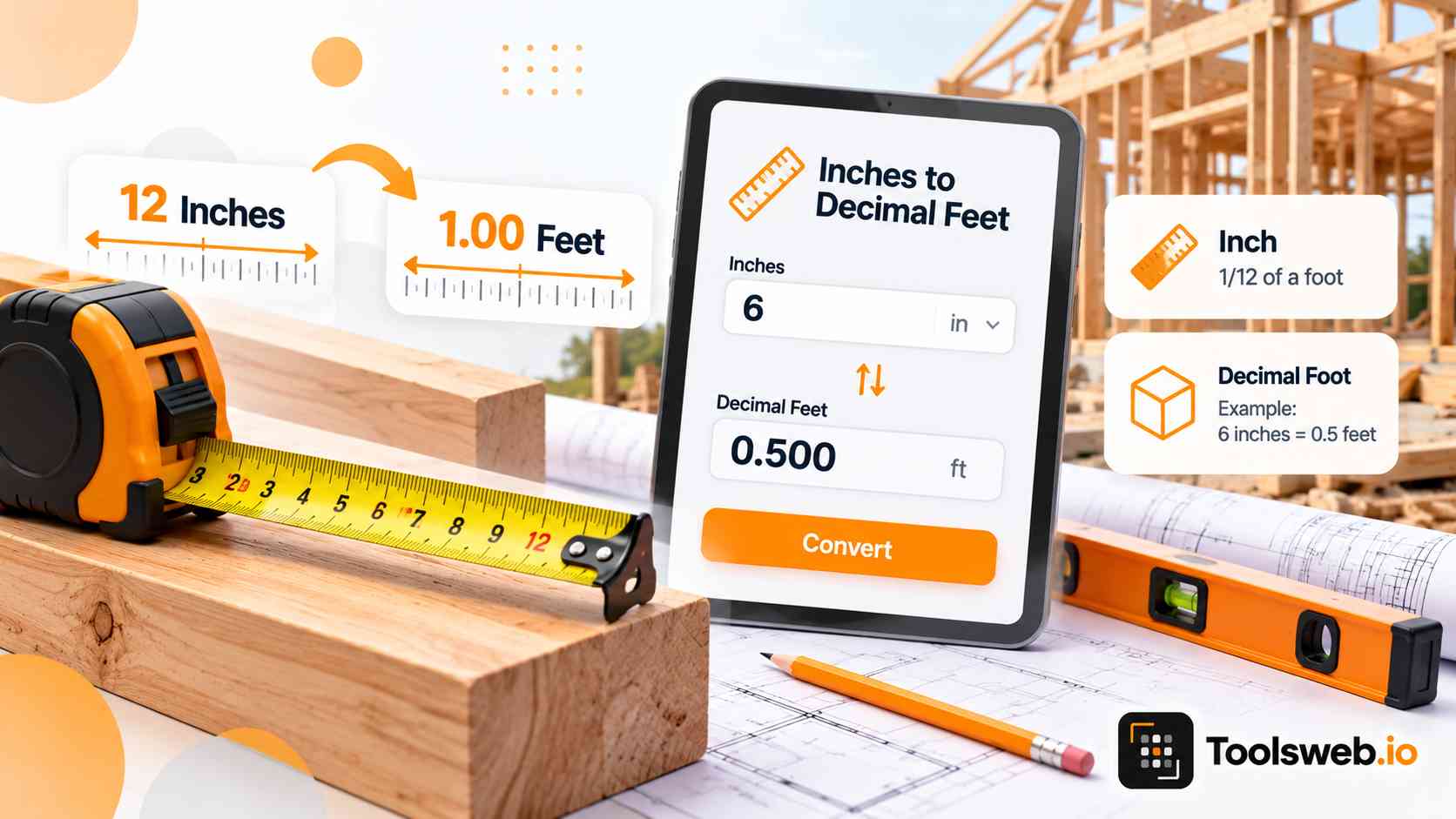 Inches to decimal feet calculator converting inches into decimal feet for construction measurements.