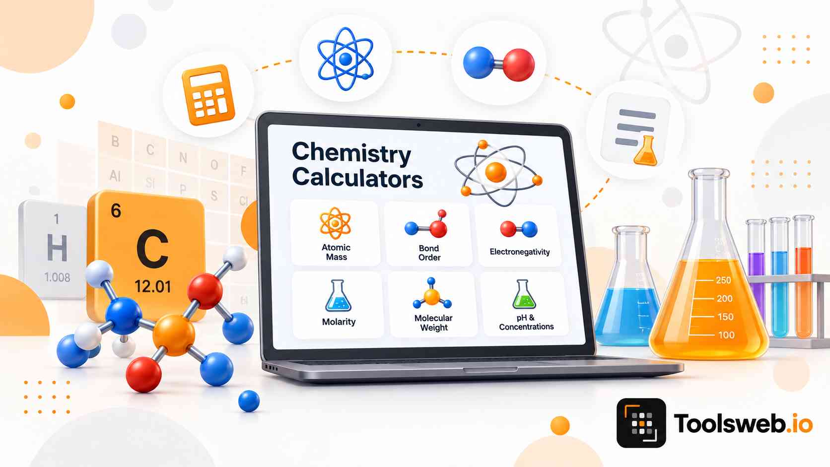 Chemistry calculators showing atomic mass, bond order, electronegativity, molarity, molecular weight, and pH concentration tools.