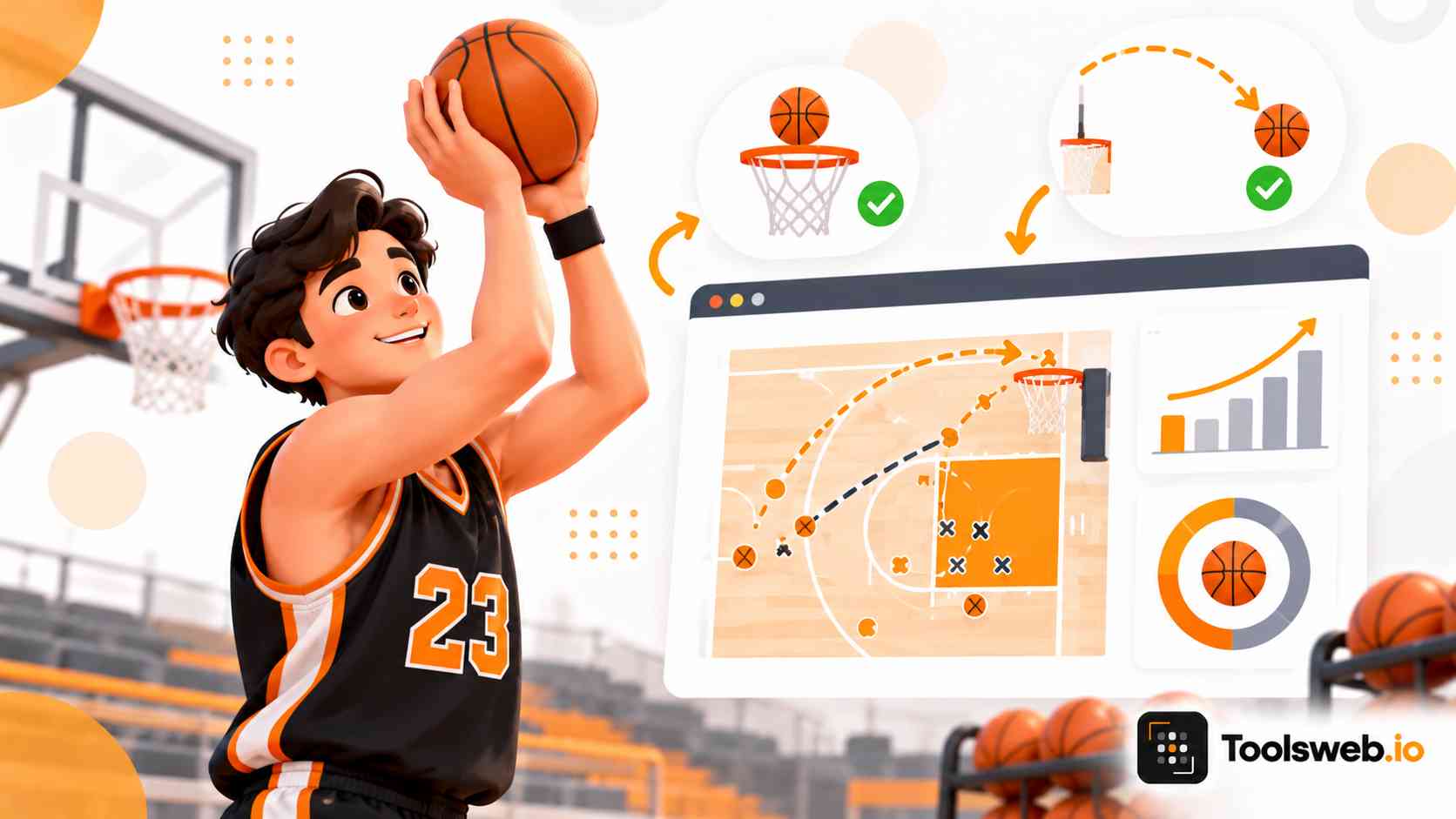 eFG Percentage Calculator: basketball player shooting a field goal with a shot chart and shooting efficiency statistics.