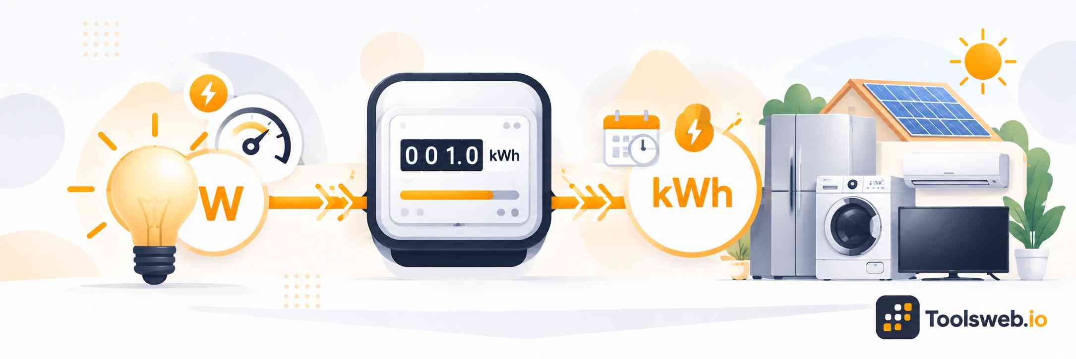 kWh to Watts Converter showing electrical energy conversion from kilowatt hours to watts with a power meter and household appliances.
