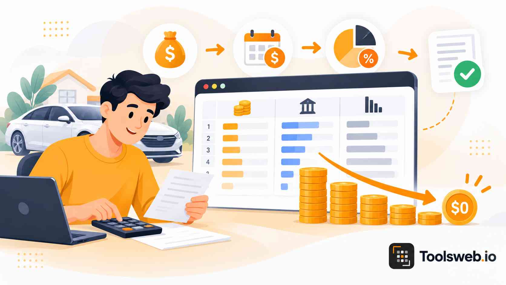 Amortization Calculator showing loan payment schedules, principal, interest, balances, and a declining loan balance over time.