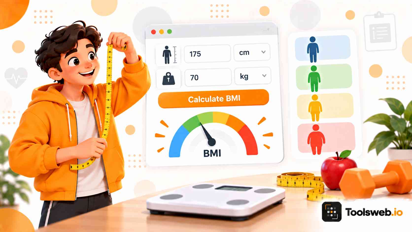BMI Calculator showing height and weight inputs, a BMI gauge, body weight categories, a measuring tape, scale, apple, and dumbbells.