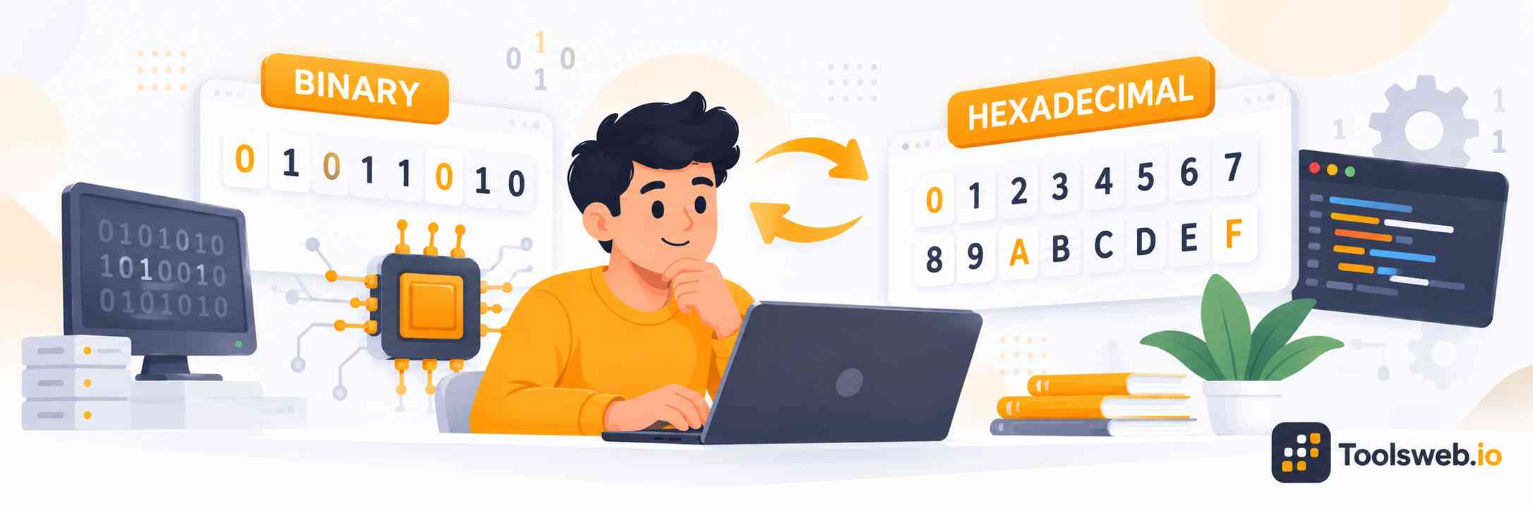 Binary to Hex Converter showing binary digits converted into hexadecimal values from 0 to F.