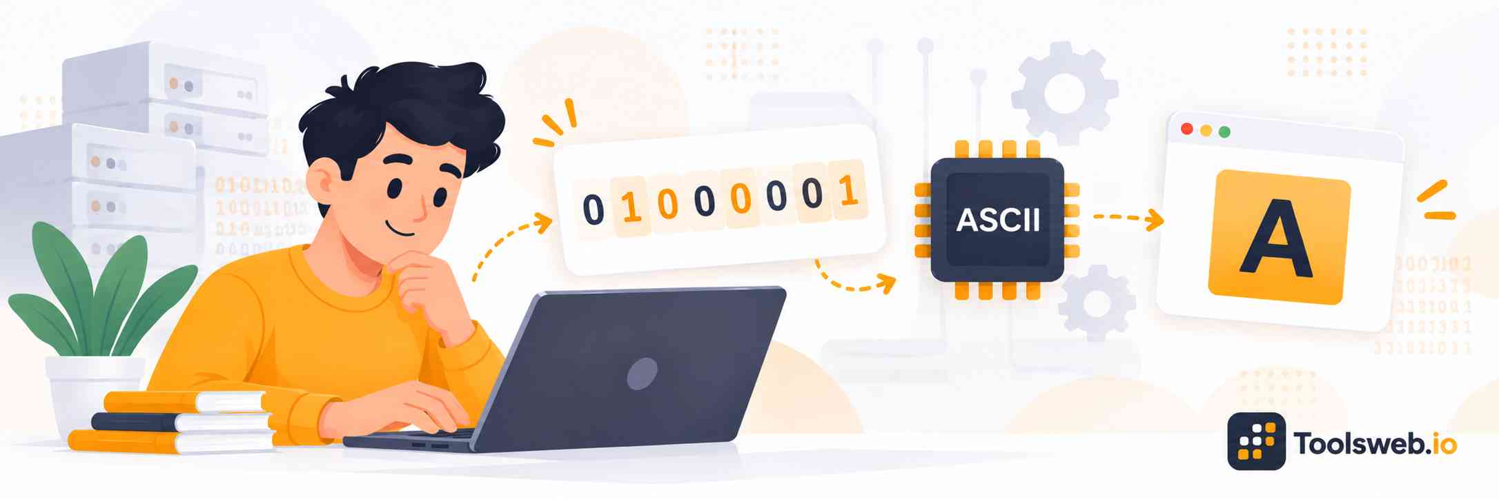 Binary to Text Converter showing binary code being decoded into ASCII text characters.