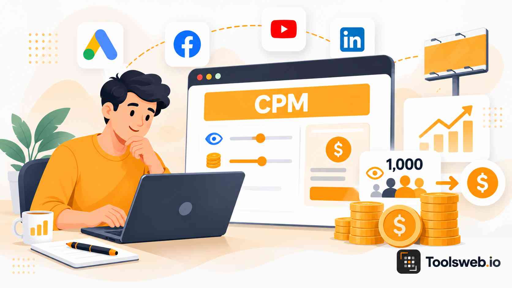 CPM Calculator showing cost per thousand impressions, ad views, advertising platforms, audience reach, and estimated revenue.