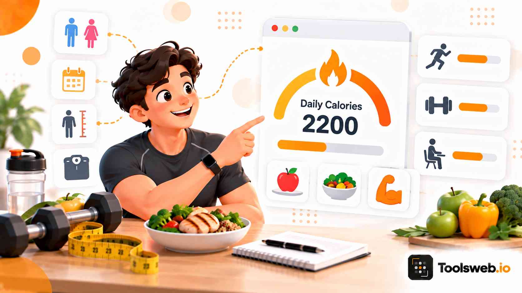Calorie Calculator showing daily calorie needs based on personal details, activity level, nutrition, and exercise.
