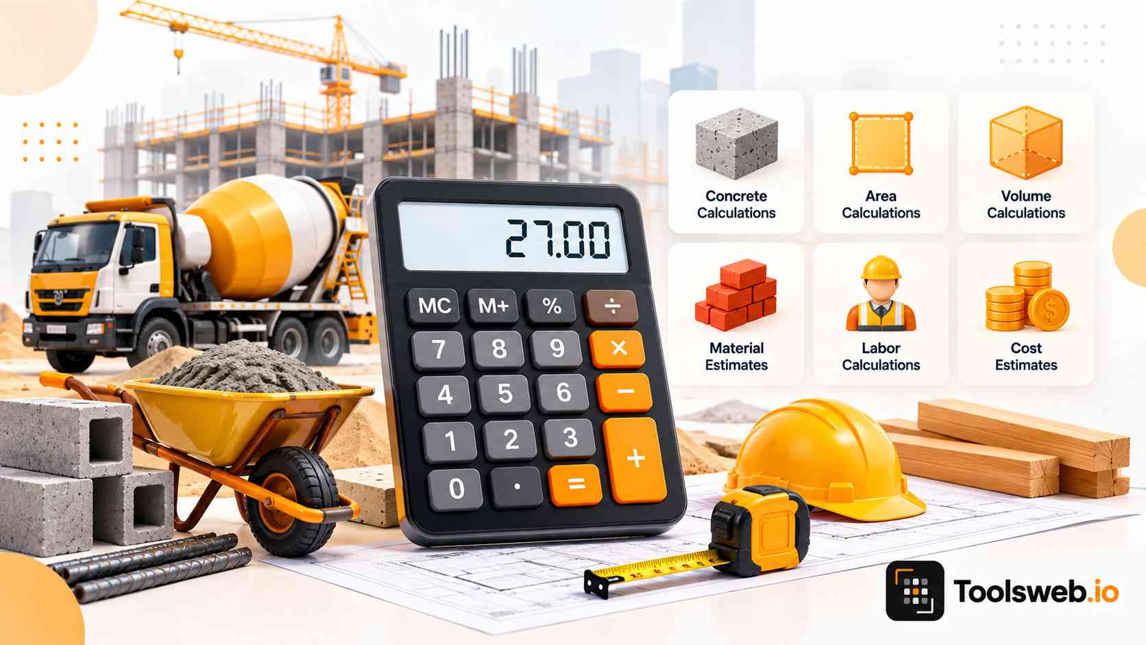 Construction calculator showing concrete, area, volume, material, labor, and cost calculations for building projects.