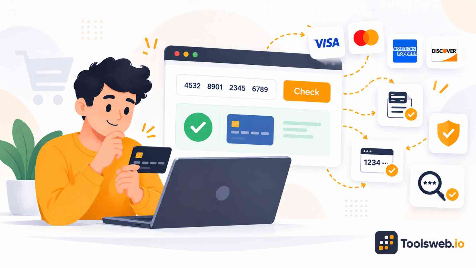 Credit Card Validator illustration showing a user checking a card number online with validation results and payment card icons.