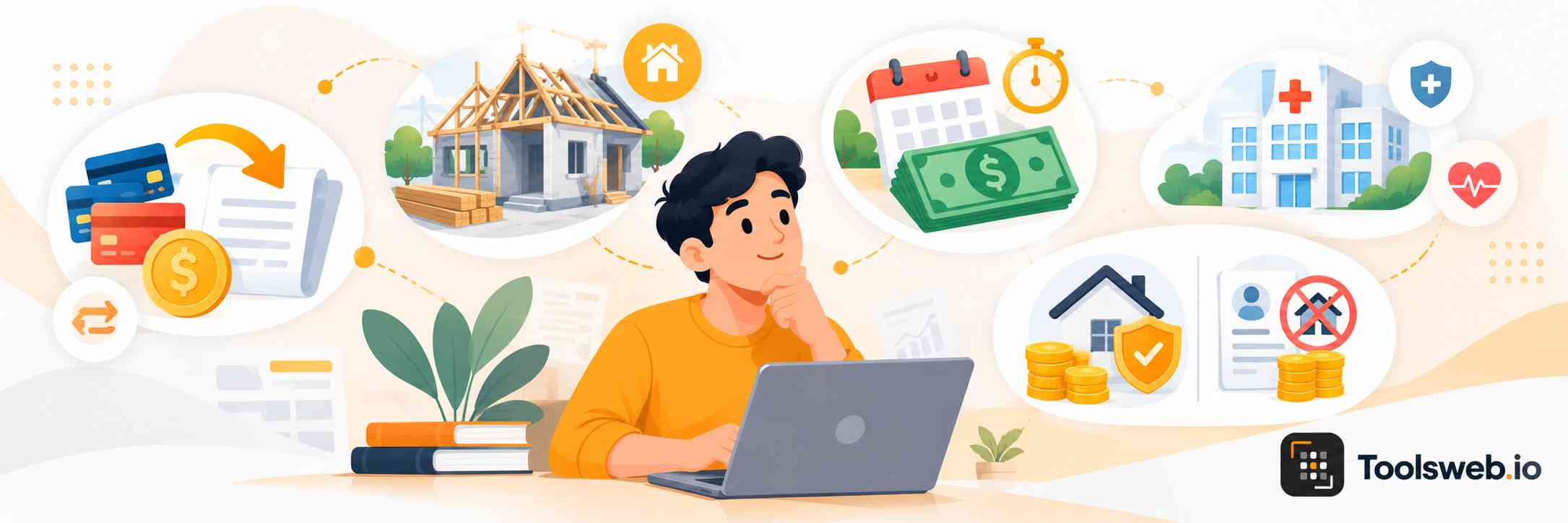 Debt Consolidation Loans illustration showing a person reviewing multiple debts, loan payments, credit cards, and financial expenses on a laptop.