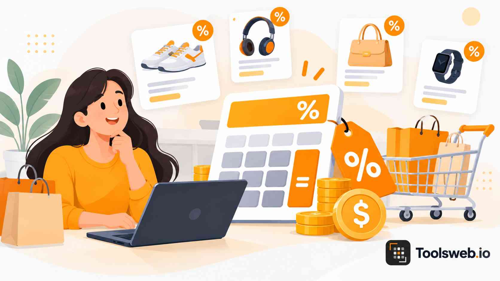 Discount Calculator showing percentage discounts, sale prices, shopping items, and savings.