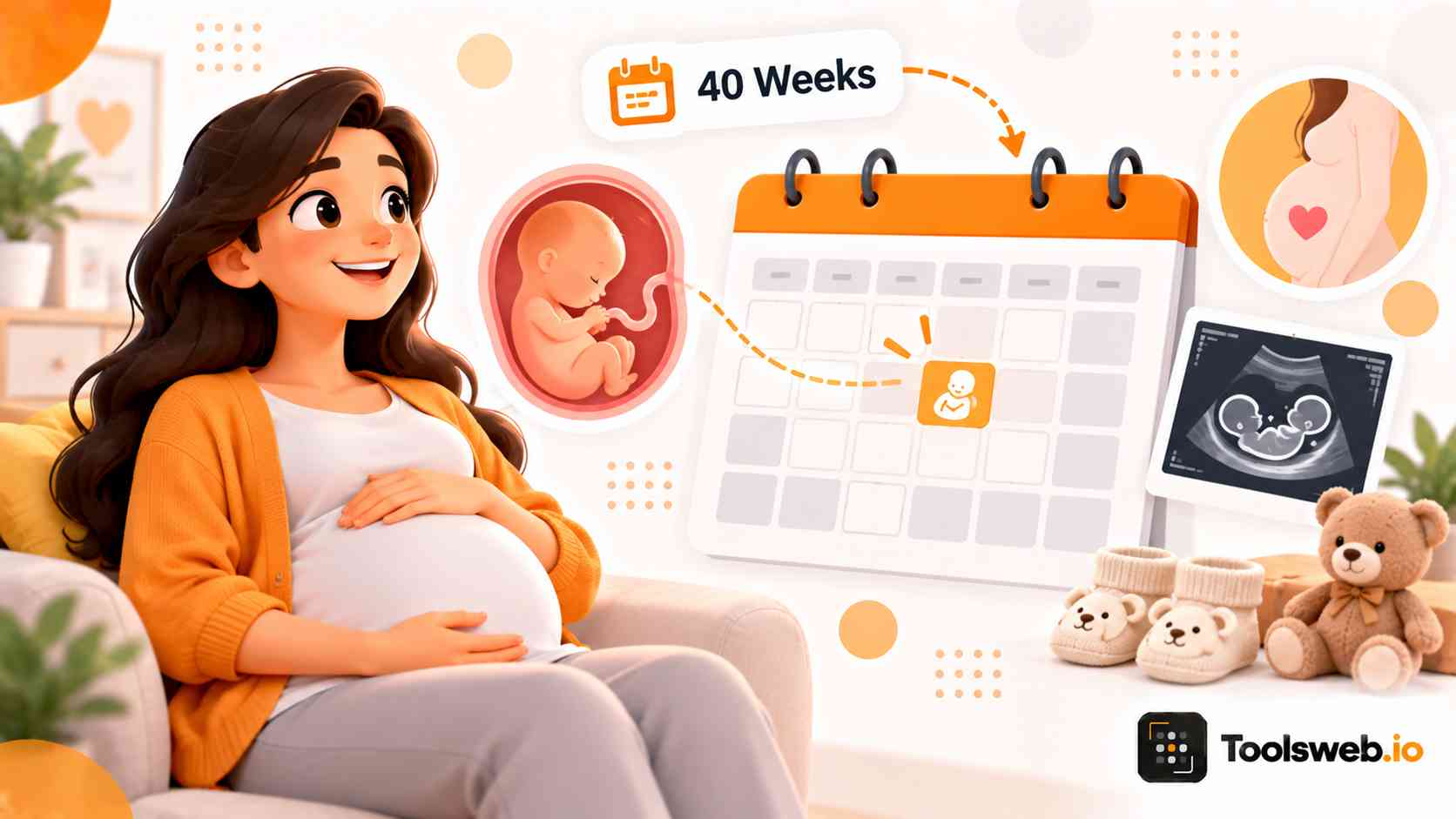 Due Date Calculator showing pregnancy weeks, a due date calendar, fetal development, and ultrasound tracking.
