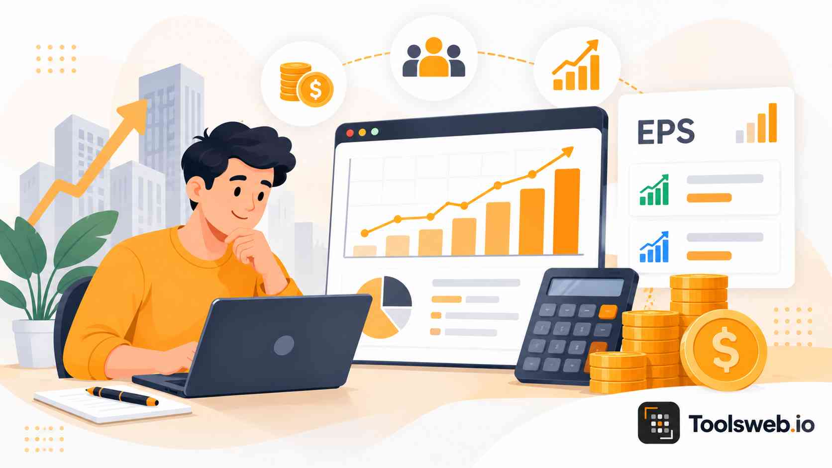 EPS Calculator showing earnings per share, financial growth charts, company performance data, and investment calculations.