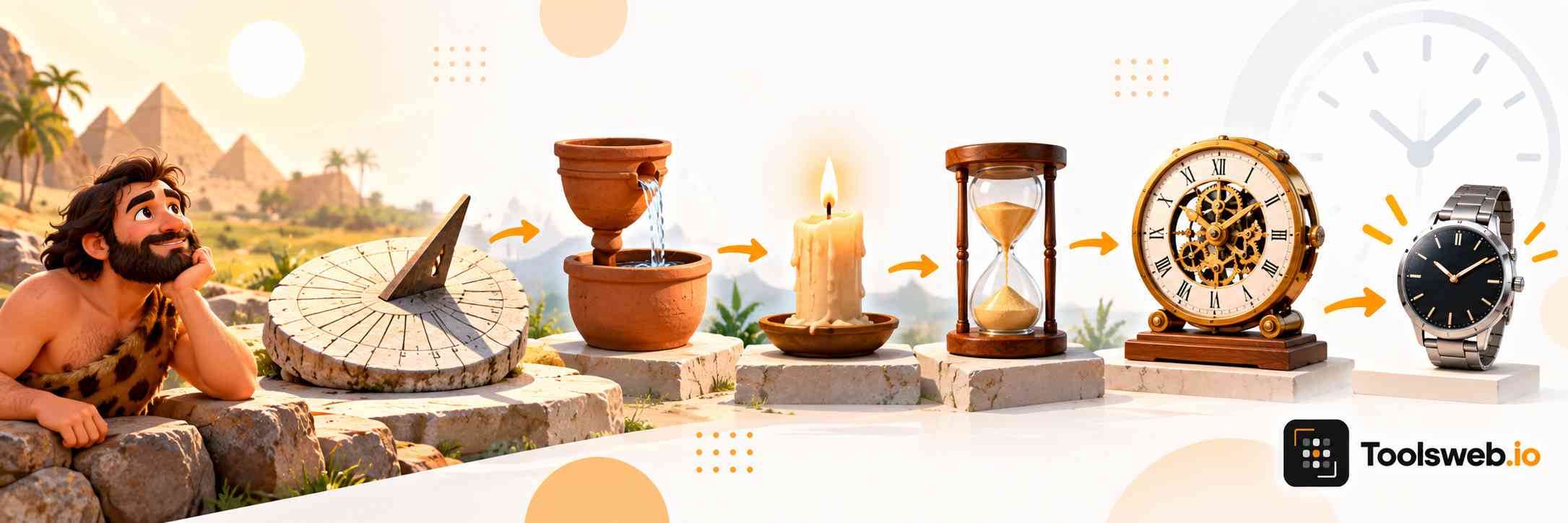 Early timekeeping devices including a sundial, water clock, candle clock, hourglass, mechanical clock, and wristwatch.