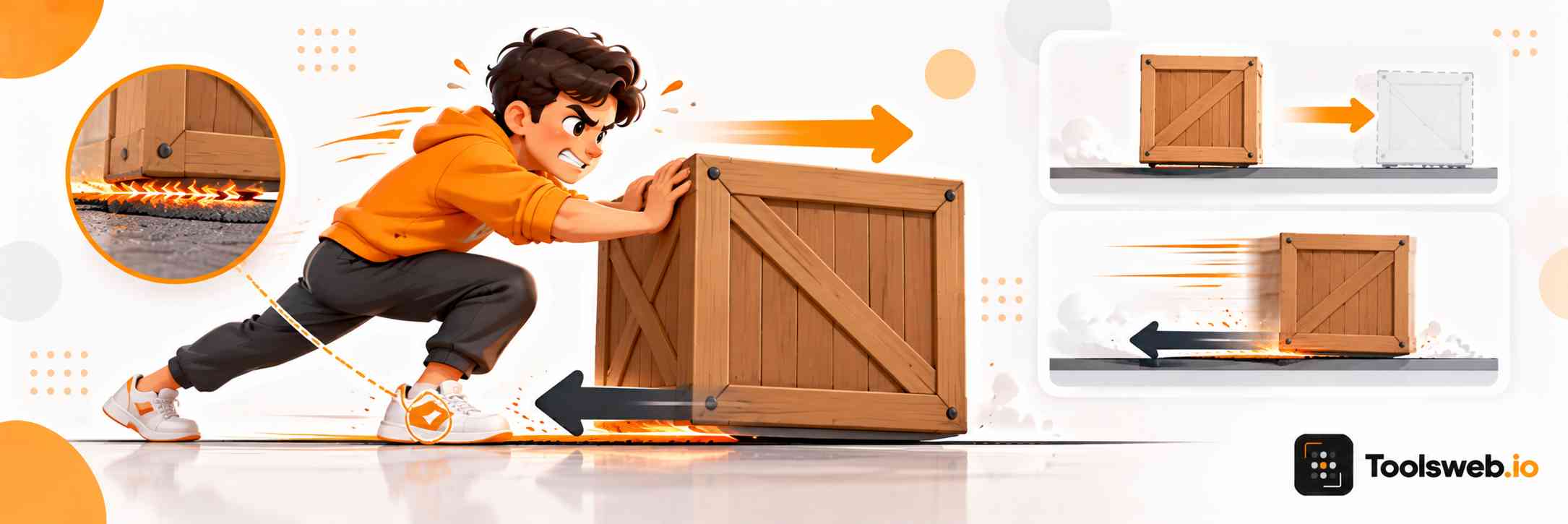 Friction calculator showing a person pushing a wooden crate with arrows illustrating friction and motion.