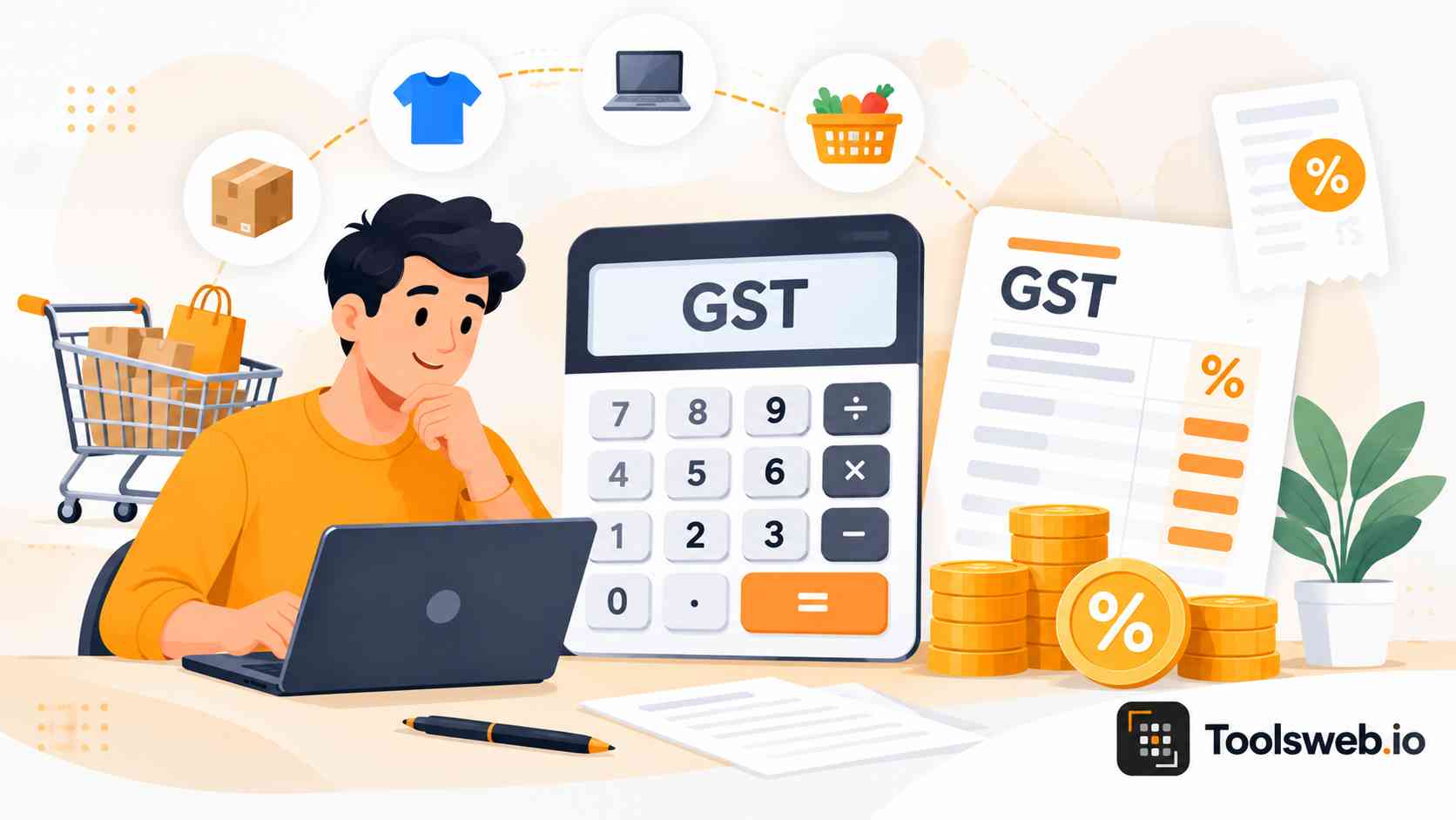 GST Calculator showing a tax calculation interface, GST percentage, shopping items, and tax amount.