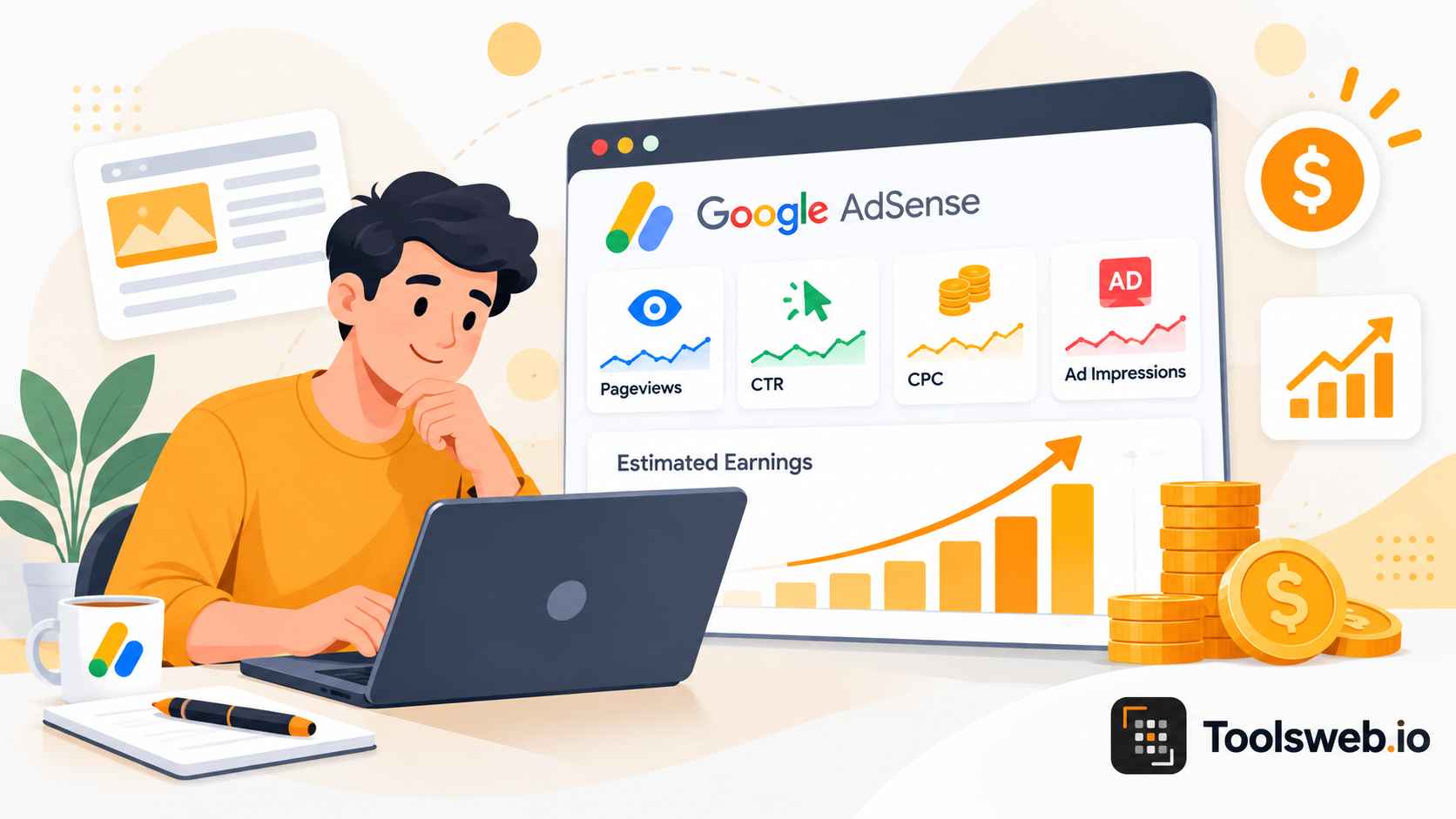 Google AdSense Earnings Calculator showing estimated earnings, pageviews, CTR, CPC, ad impressions, and revenue growth.