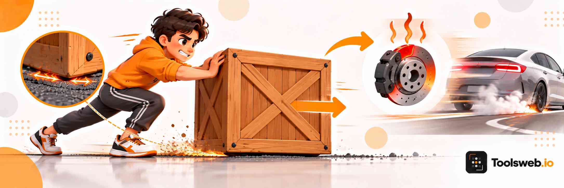 How friction affects motion, showing a person pushing a crate, tire friction, and heated brake friction.