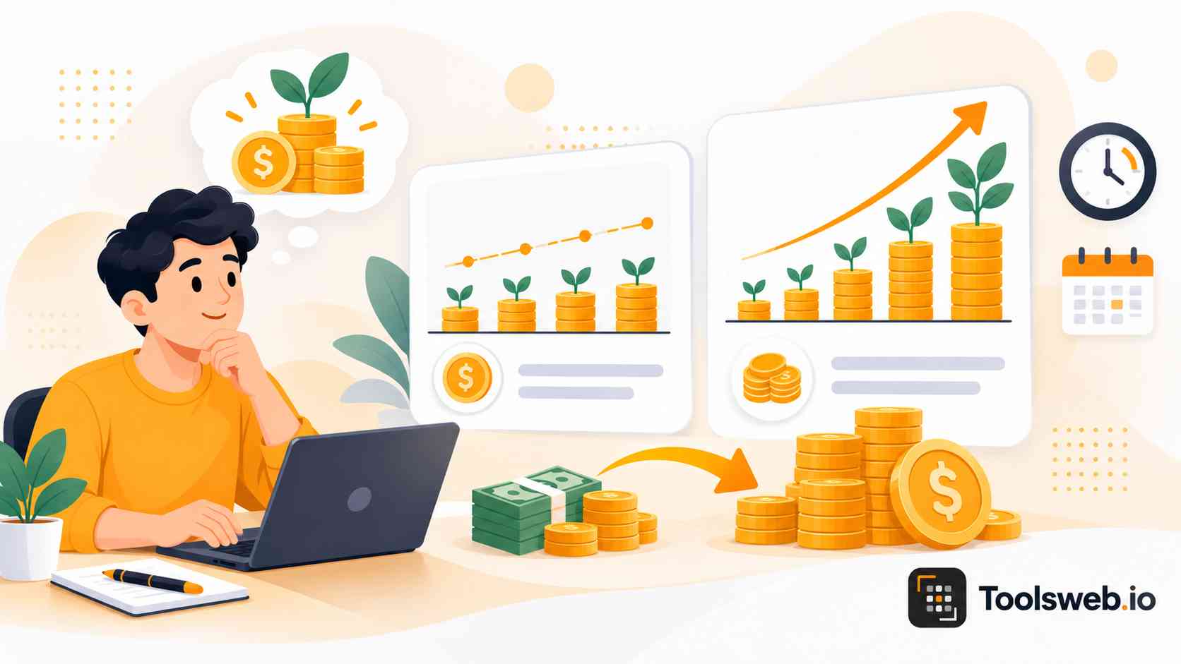 Interest Calculator showing investment growth, compound interest, savings, and increasing returns.