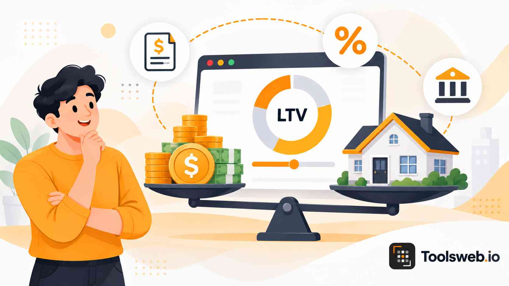 LTV Calculator illustrating loan-to-value ratio, property value, mortgage financing, and down payment calculations.