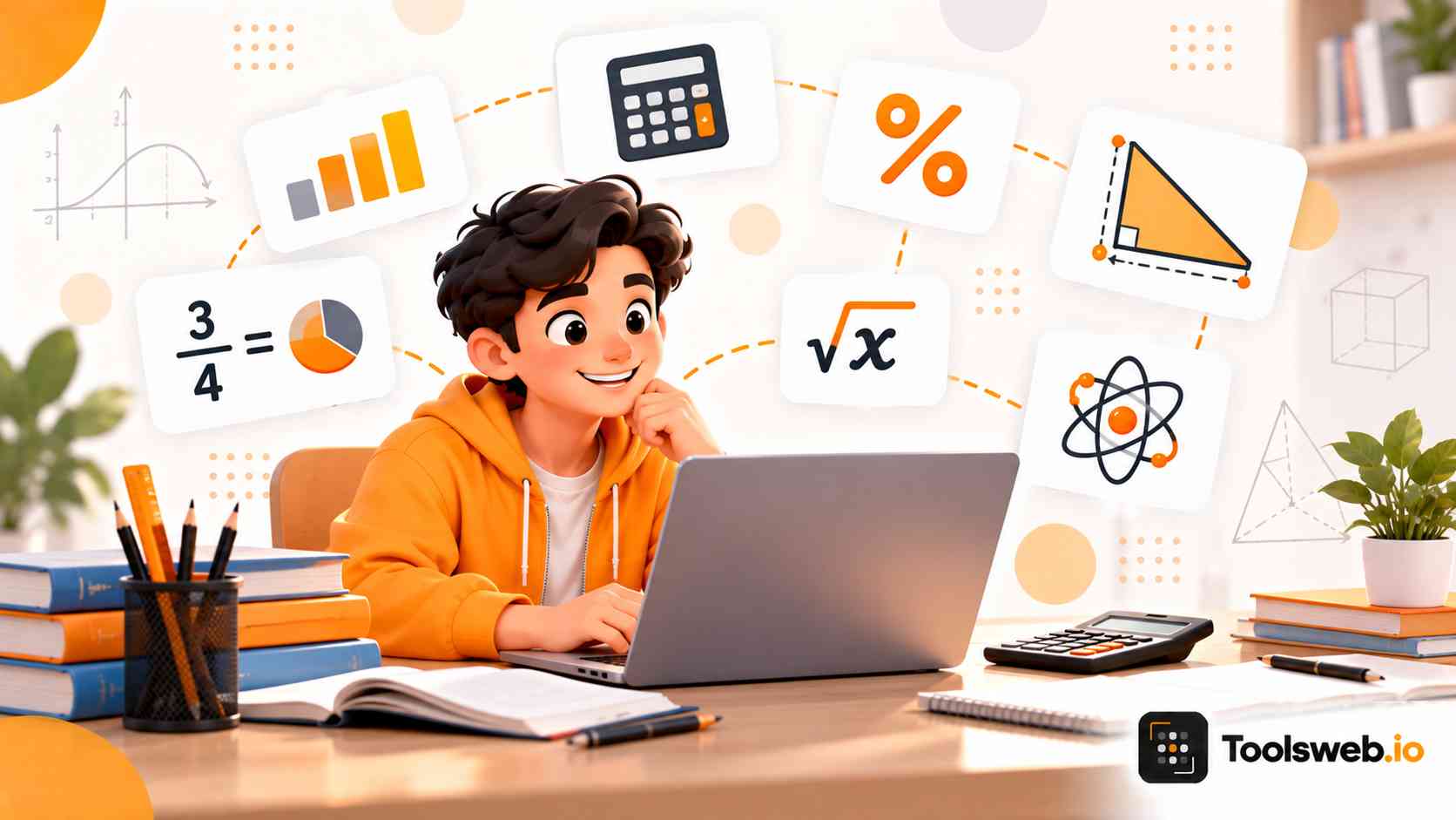 Math calculators illustration showing a student using a laptop with mathematical formulas, graphs, fractions, percentages, geometry, and scientific symbols.