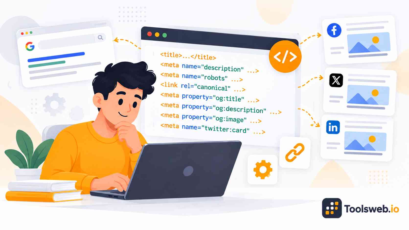 Meta Tag Generator for creating SEO meta titles, descriptions, robots tags, canonical URLs, and social media tags