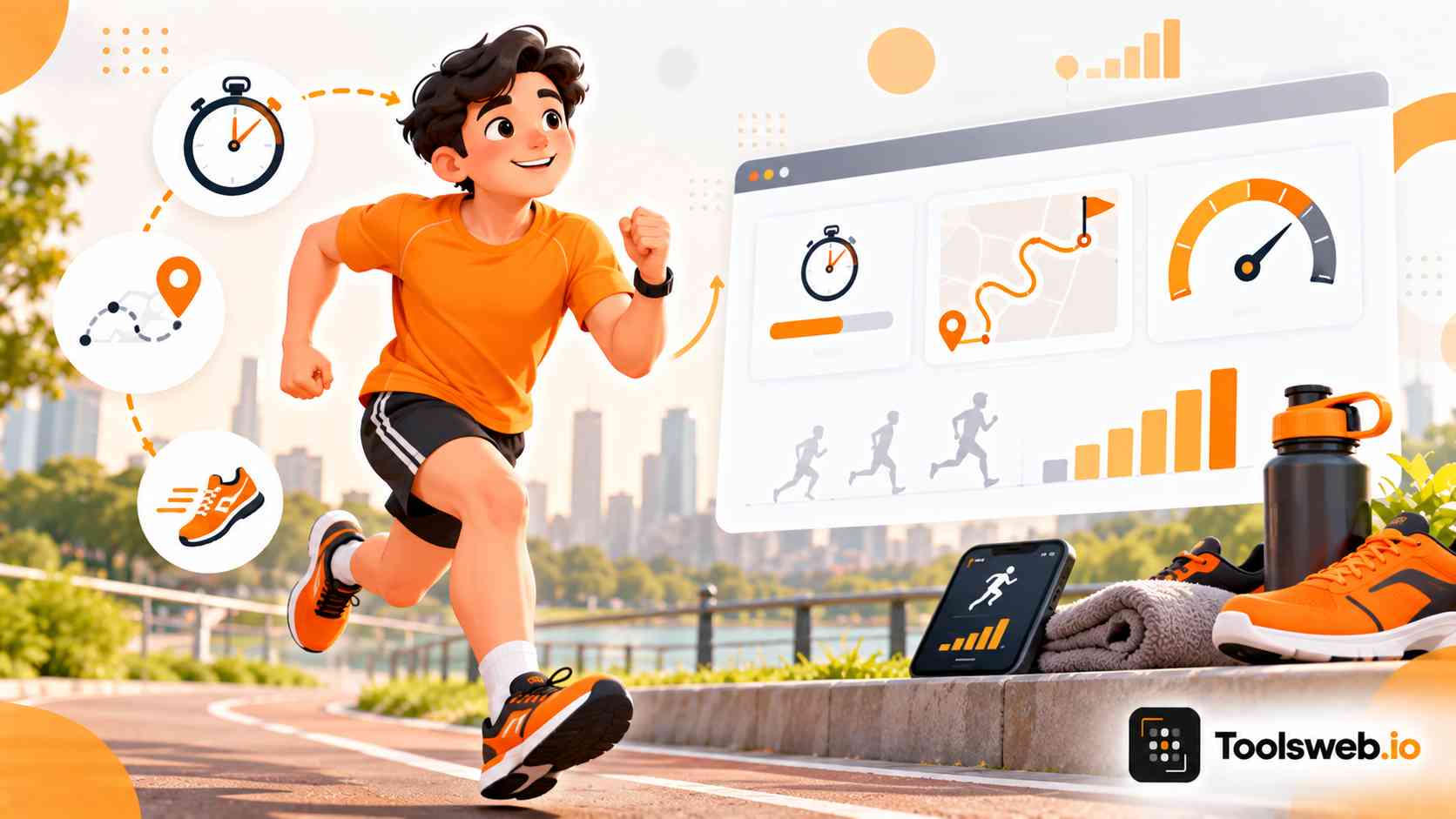 Pace Calculator showing a runner, stopwatch, route map, running shoes, and performance tracking dashboard.