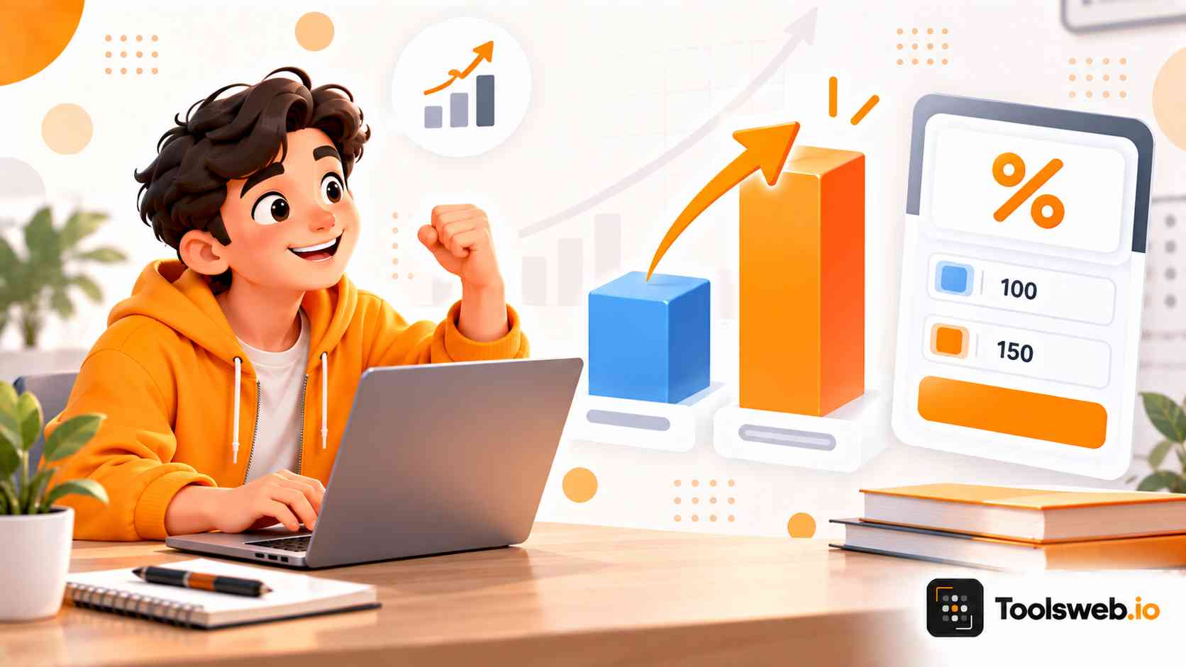 Percentage Increase Calculator showing values increasing from 100 to 150 with percentage and upward growth graphics.
