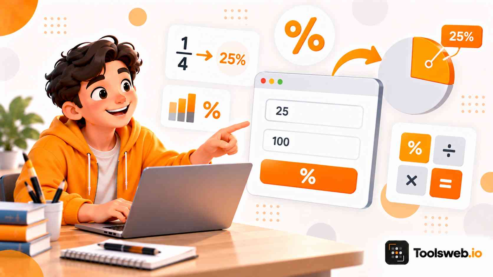 Percentages Calculator: Student using a laptop to calculate percentages with fraction, percentage, pie chart, and calculation symbols.