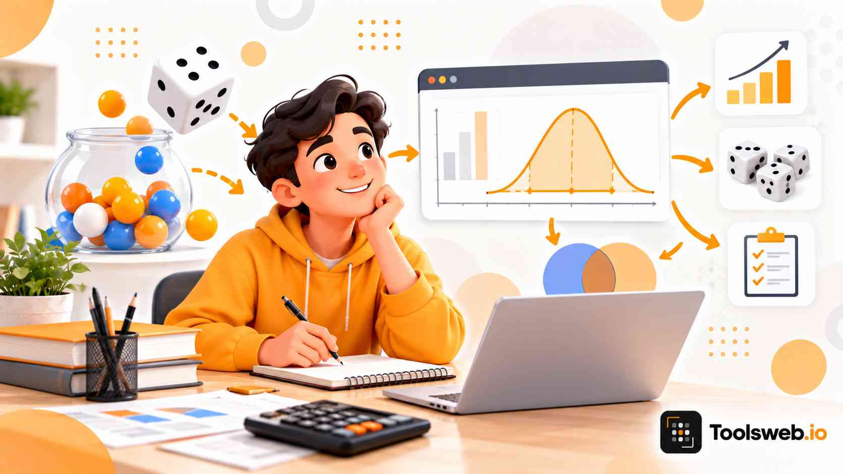Probability Calculator showing probability distributions, dice rolls, random outcomes, charts, and statistical analysis.