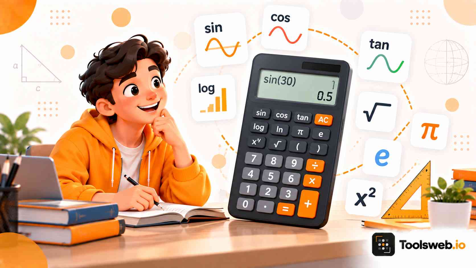 Scientific Calculator: Student using a scientific calculator with trigonometric, logarithmic, exponential, and mathematical functions.