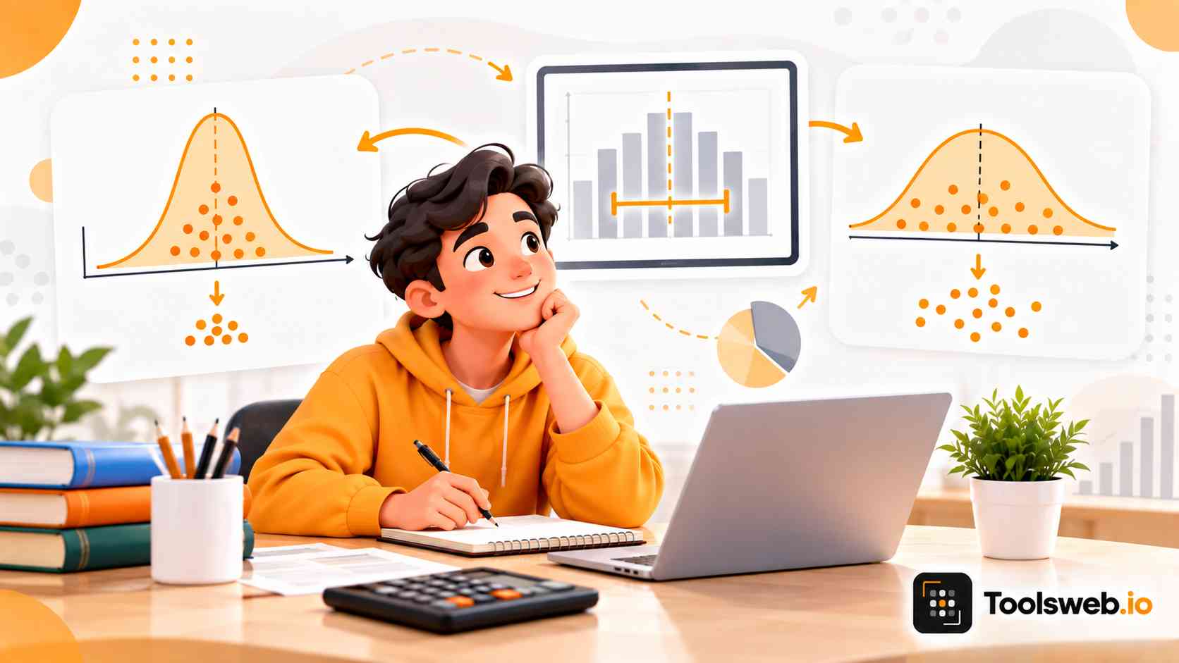 Standard Deviation Calculator showing a student analyzing statistical data with distribution charts, data points, and a calculator on a laptop.