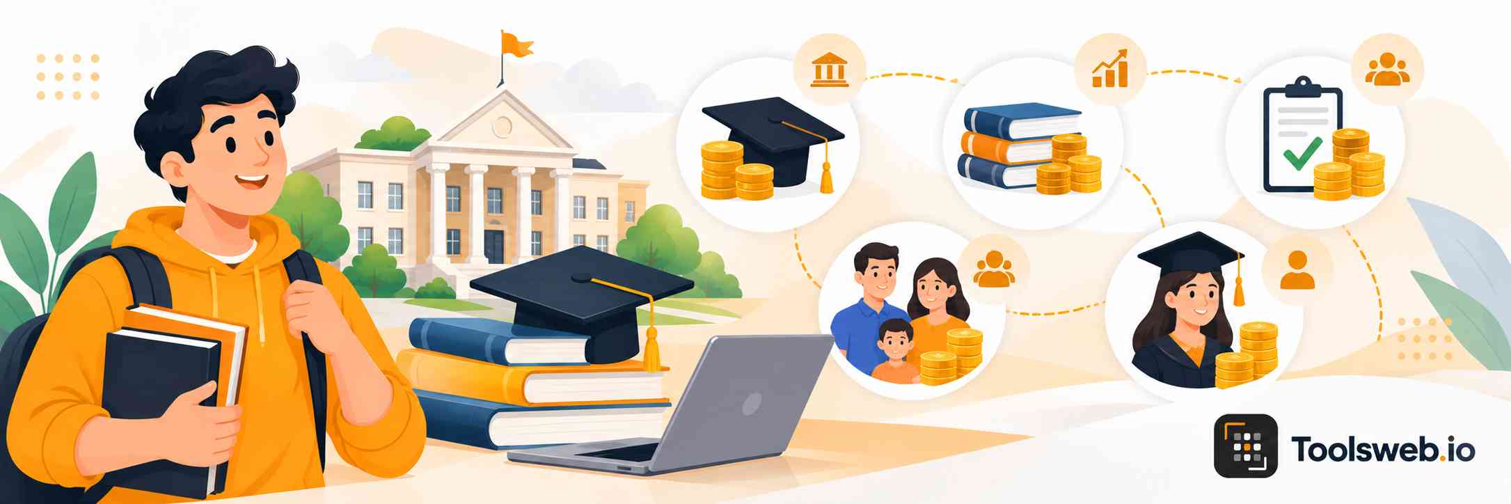 Student Loans calculator showing college education costs, loan payments, interest, and student financing options.
