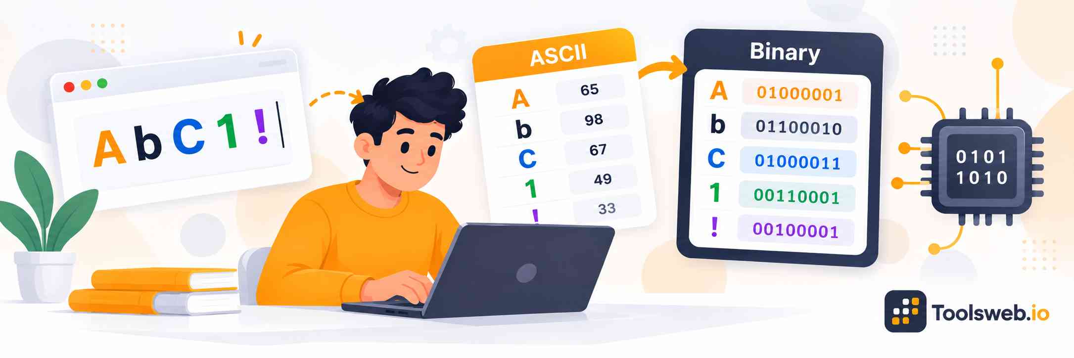 Text to Binary Converter showing text characters, ASCII values, binary codes, and digital conversion process.