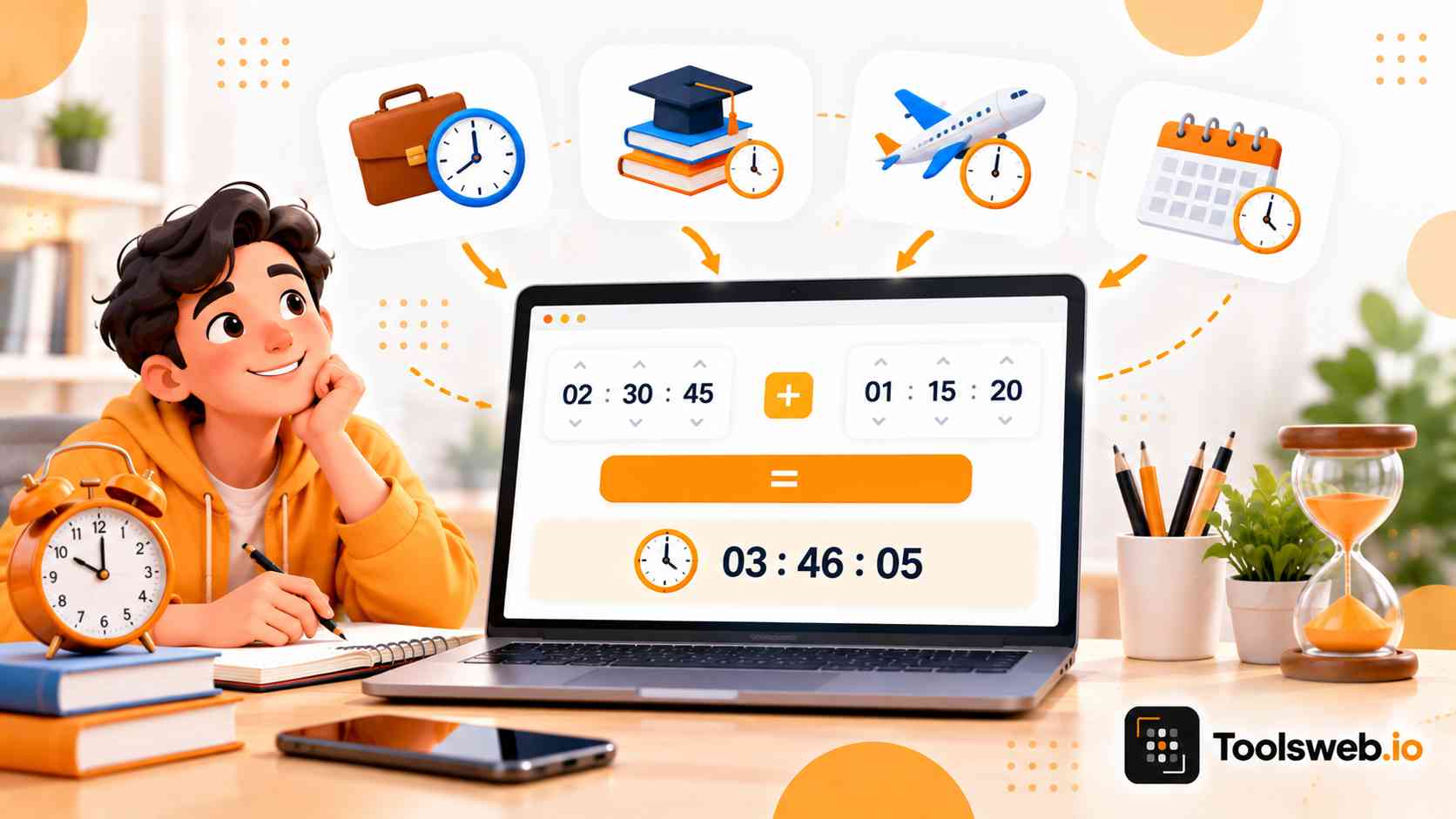 Time Calculator showing time addition on a laptop with clocks, an alarm clock, and time management icons.