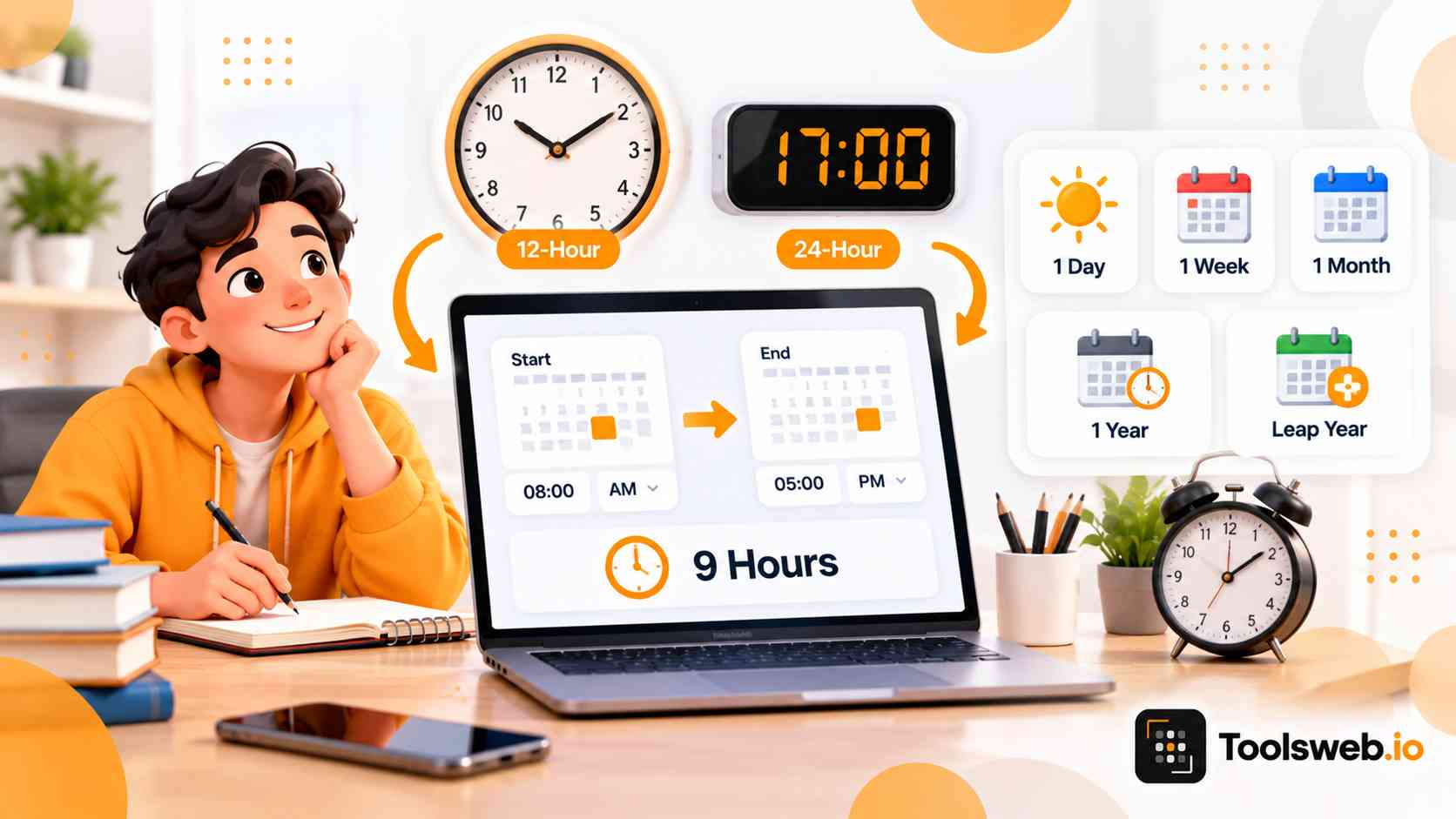 Hours Calculator showing start and end times with a 9 hour duration, plus 12 hour and 24 hour time formats.