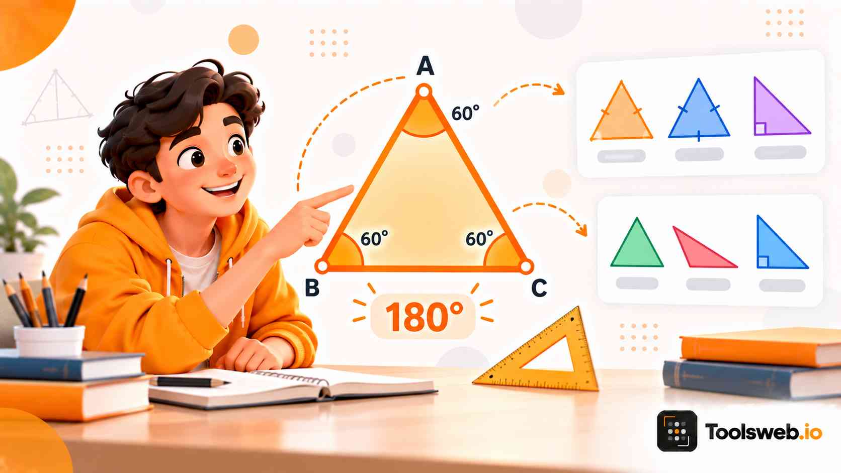 Triangle Calculator: Student learning triangle geometry with a 60 degree equilateral triangle, angle measurements, and triangle types.