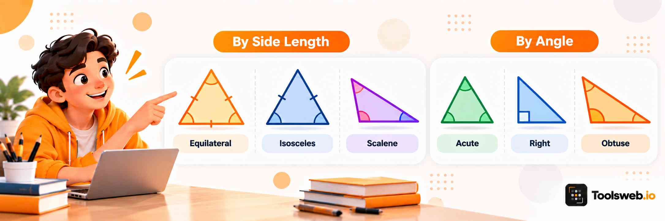 Types of triangles by side length and angle, including equilateral, isosceles, scalene, acute, right, and obtuse triangles.