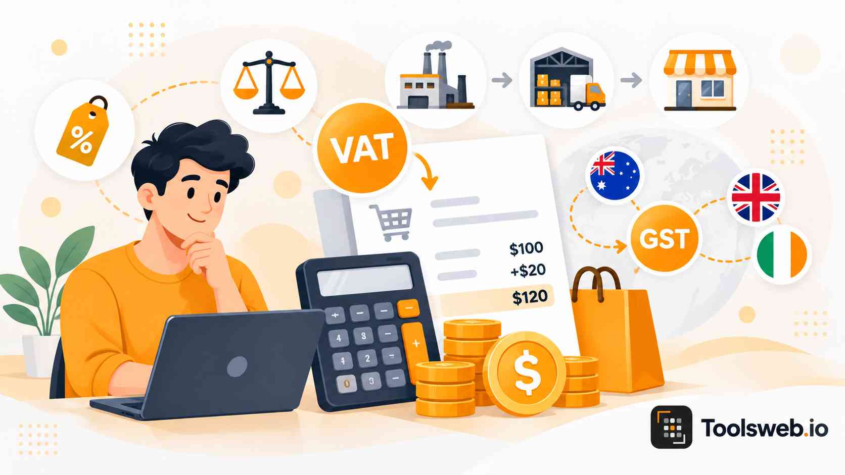 VAT Calculator showing value added tax calculations, prices, GST rates, and international tax examples.