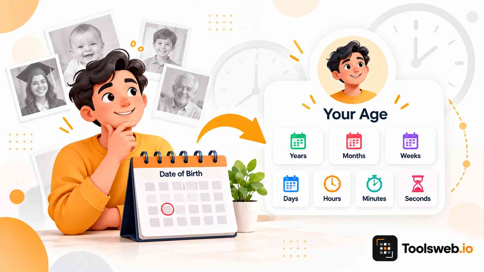 Age Calculator showing date of birth and age in years, months, weeks, days, hours, minutes, and seconds.