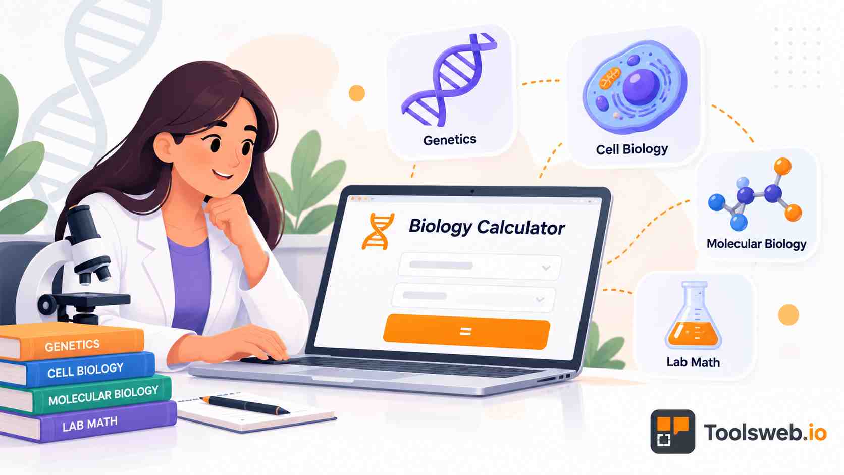 Biology calculators for genetics, cell biology, molecular biology, and lab math calculations.