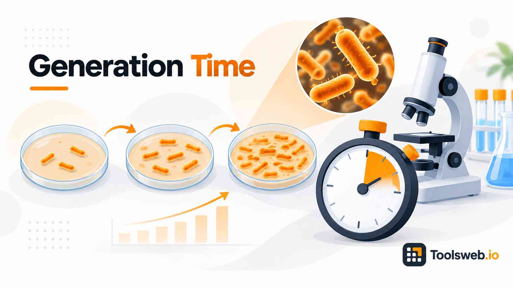 Generation Time Calculator showing bacterial cell growth across stages with a microscope and timer.