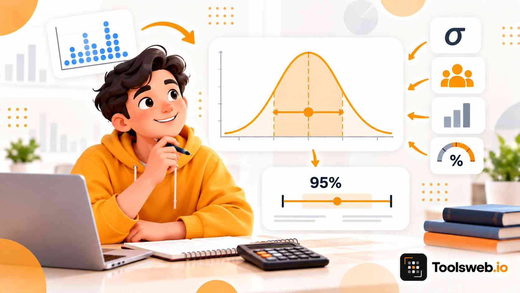 Confidence Interval Calculator showing a normal distribution curve, 95% confidence level, sample data, and statistical analysis.